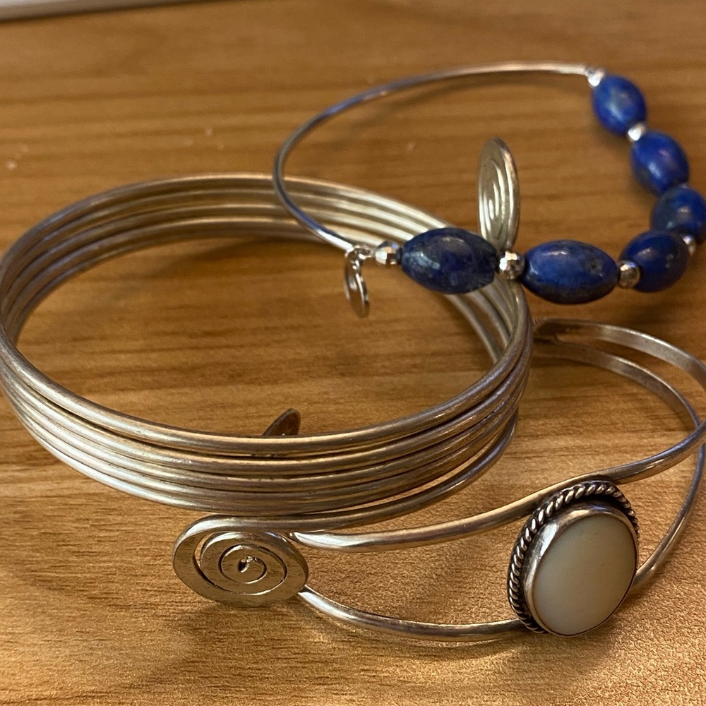 Three fun silver cuff bracelets – lapis, scrolls & white agate